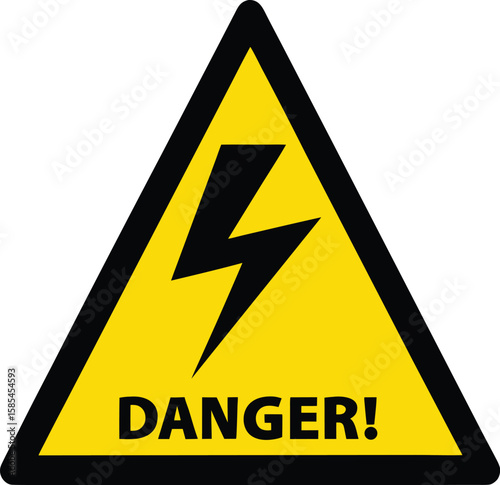 A yellow triangle high voltage warning sign with a lightning bolt symbol indicates electrical shock danger and power hazard