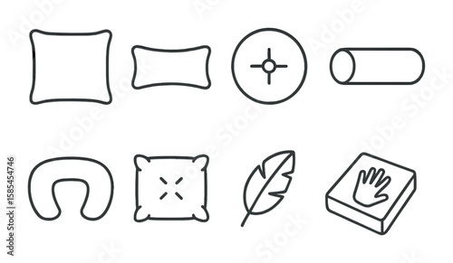 Pillow Icons Set. Outline icon set of pillow types: square pillow, lumbar pillow, round cushion, bolster, neck