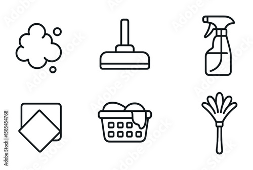 Home Cleaning Icons. Outline icon set of home cleaning: dust cloud, vacuum head, pillow fluff, spray bottle,