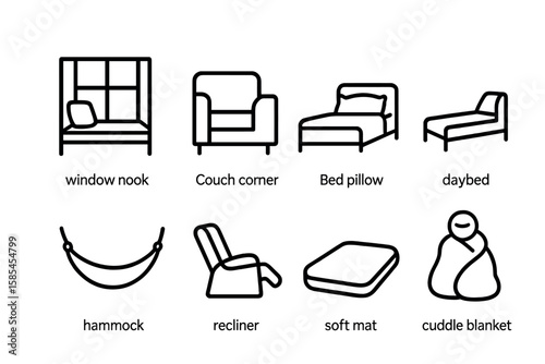 Nap Zone Icons. Outline icon set of nap zones: window nook, couch corner, bed pillow, daybed, hammock,