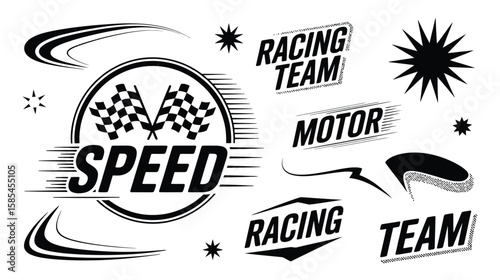 Racing vector set in black and white with checkered flag templates, dynamic speed designs, and sport automotive graphics for car racing vector art projects.