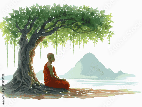 Tranquil Wash Monk meditating isolated watercolor vector illustration svg