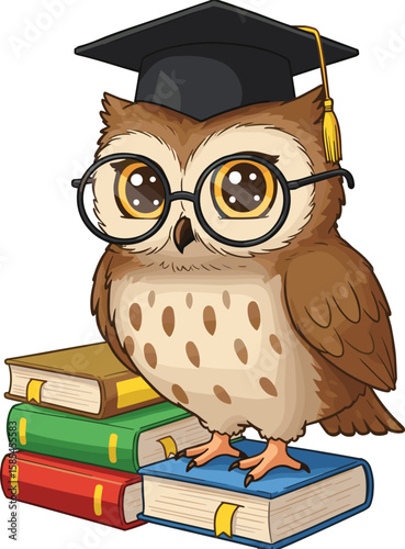 Cute cartoon owl, wearing graduation cap, glasses, standing on books, education concept, wise bird mascot, back to school illustration