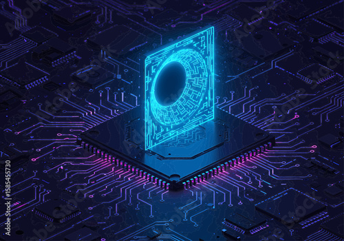 Glowing blue futuristic portal above a chip with intricate circuit board connections visible around it