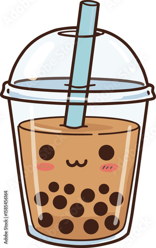 Cute kawaii bubble tea, smiling boba drink cartoon, adorable milk tea cup with straw, vector illustration, fun beverage design