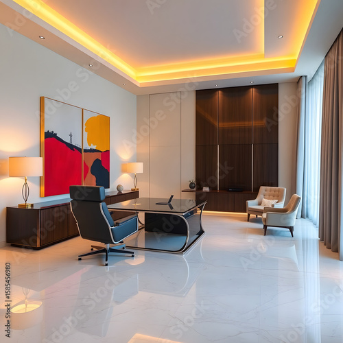 High-end CEO office, contemporary art on walls, designer furniture, minimalist decor with premium materials, elegant and authoritative look, warm accent lighting.