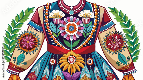 North Dakota Metis dress combines floral beadwork with European silhouettes, reflecting cultural fusion and resilience, excellent for a detailed, respectful vector portrayal.