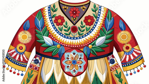 North Dakota Metis dress combines floral beadwork with European silhouettes, reflecting cultural fusion and resilience, excellent for a detailed, respectful vector portrayal.