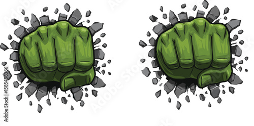 Green monster fist smashing wall, powerful comic punch, superhero strength break effect, vector illustration, cracked stone background design template