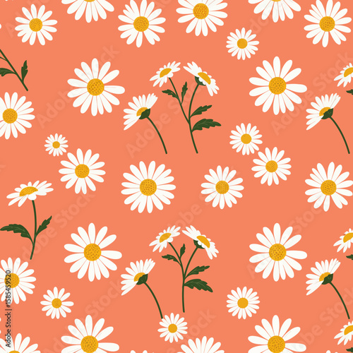 Seamless floral pattern with white daisy flowers and green stems on a warm coral-orange background.