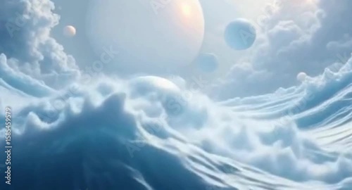 Floating orbs and waves in abstract environment with geometric shapes and a dark background for modern design