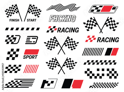 start and finish checkered flags, racing stripes, and motorsport race graphics for automotive design and racing vector projects.