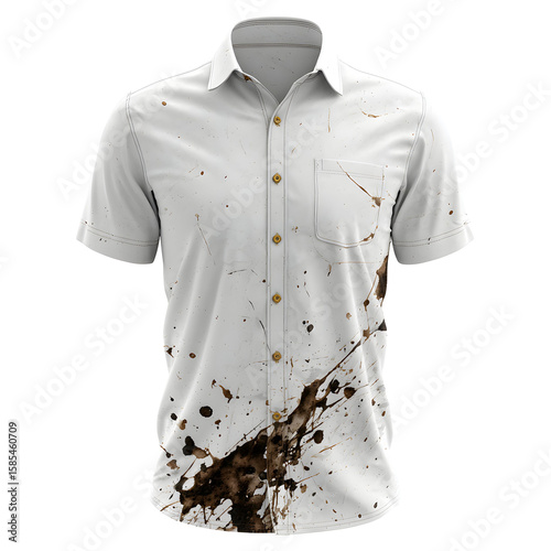 White Short Sleeve Shirt with Brown Splatter Paint Design