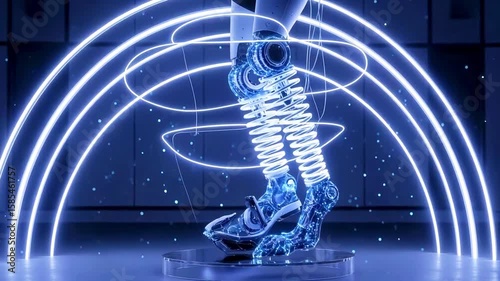 Futuristic robotic leg with glowing springs in a high-tech lab, showcasing advanced technology and innovation