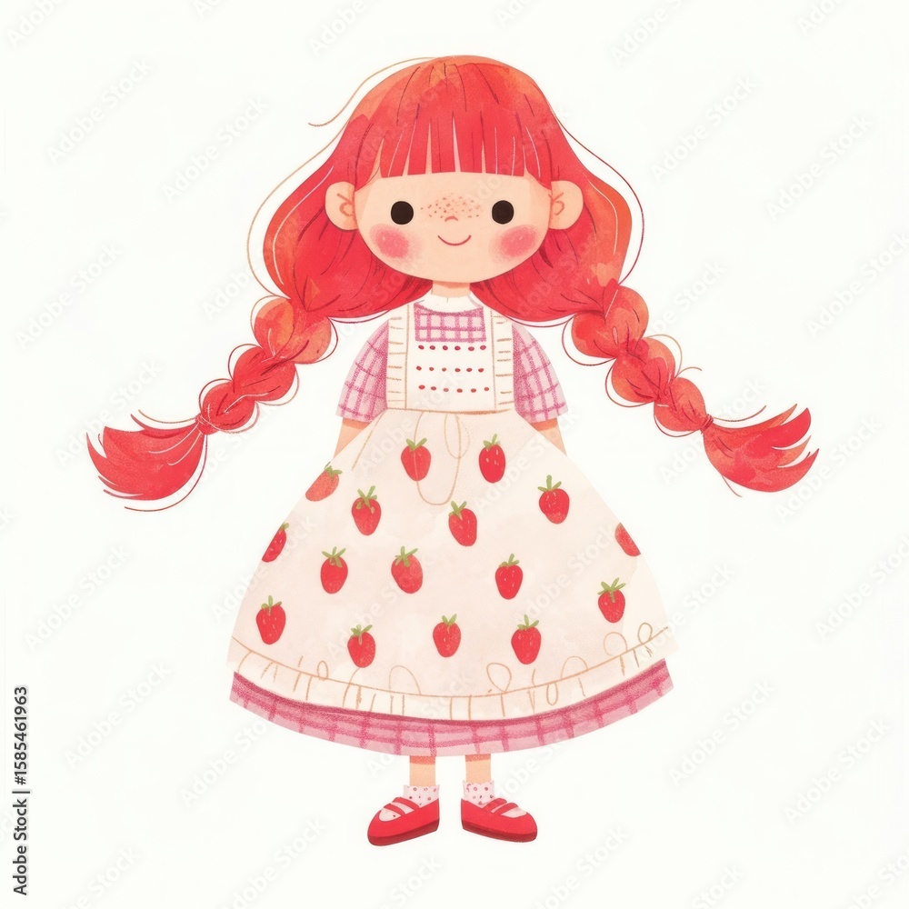 Fototapeta premium Girl with bubblegum-pink braids in strawberry print dress illustration children's character.