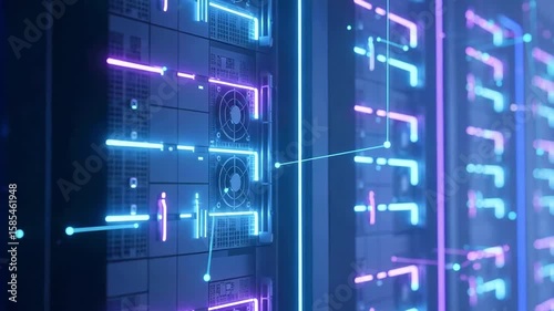Futuristic server room with neon lights showcasing advanced technology and data processing