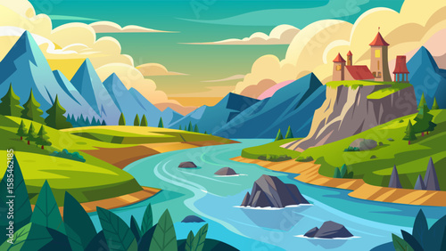 Vector art of a majestic castle sits atop a cliff overlooking a winding river valley with majestic mountains and a vibrant sky