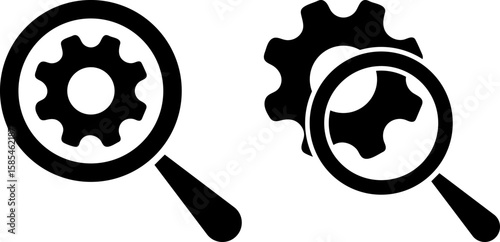 search engine optimization seo icon. Magnifying glass gear search engine. Research tool concept. find information. Loupe logo icons. Explore and discover symbols
