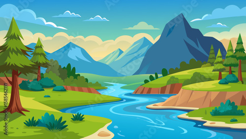 Vector art of a serene cartoon landscape showcases a gentle river flowing through lush green hills and distant mountains under a soft blue sky