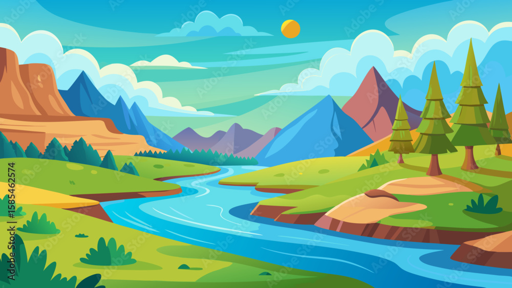 Obraz premium Vector art of a vibrant cartoon landscape unfolds with a winding river flowing through a lush valley, flanked by majestic mountains under a bright, cloudy sky