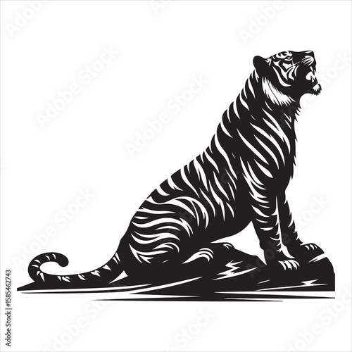 siting tiger face Silhouette Vector Art, and Graphic, vector black color silhouette , solated white background