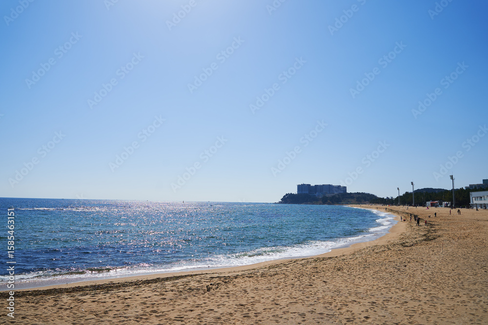 Fototapeta premium Sunny coastal beach with gentle waves, clear blue sky, and distant buildings along the shoreline