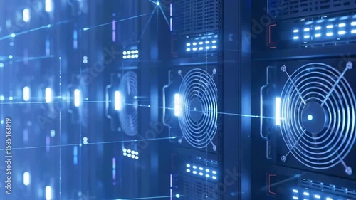 Modern data center with illuminated server racks and cooling systems, showcasing advanced technology infrastructure