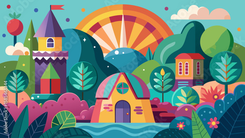 Vector art of a whimsical cartoon landscape features colorful houses, rolling hills, and a vibrant rainbow under a bright, cheerful sky