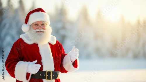 Cheerful Santa Claus Giving Thumbs Up in Winter Wonderland Scene