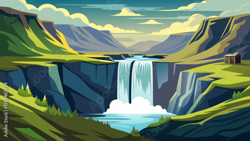 Vector art of a powerful waterfall plunges into a serene river in a vast mountain valley, with a small cabin visible on the green hillside under a partly cloudy sky