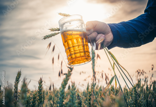 A mug of light beer in a hand against the sunset in a wheat field