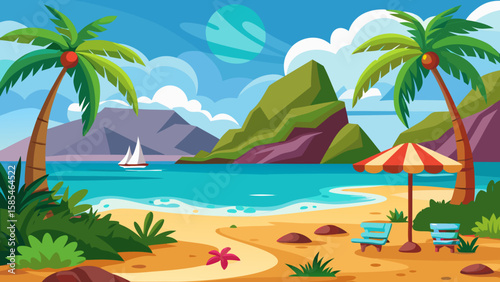 Vector art of an idyllic tropical beach scene featuring palm trees, lounge chairs, an umbrella, and a sailboat on the azure sea