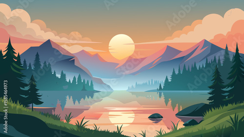 Vector art of majestic mountains frame a tranquil lake bathed in the vibrant colors of a stunning sunset or sunrise