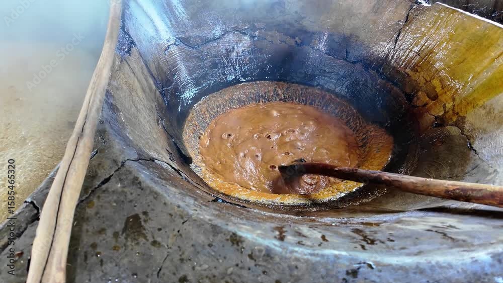 Man stirs a pot of hot caramelized sugar in a large vat for candy making