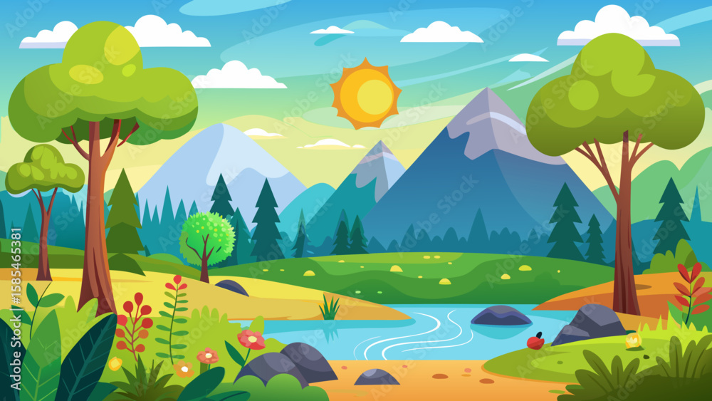 Fototapeta premium Vector art of a vibrant cartoon landscape unfolds with majestic mountains, a winding river, lush green trees, and colorful wildflowers under a bright sunny sky