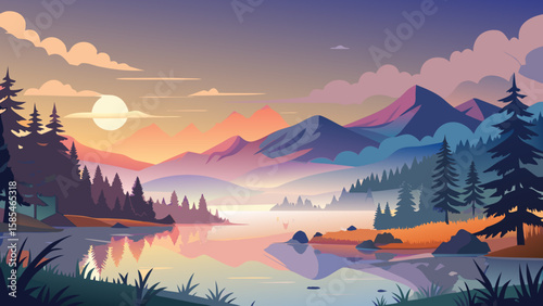 Vector art of a tranquil lake mirrors the warm hues of a setting sun amidst majestic mountains and a scattered cloudscape