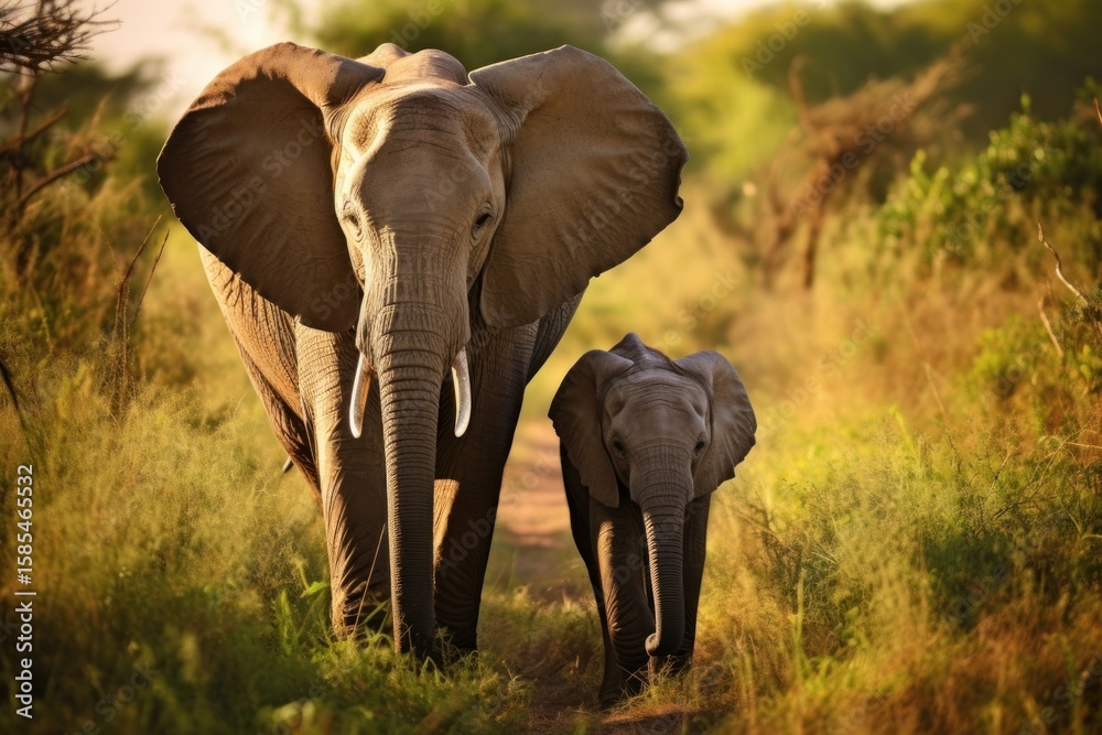 Obraz premium Elephant with baby elephant field grassland wildlife.