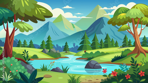 Vector art of an idyllic cartoon landscape presents a clear blue river meandering through a lush green valley, with towering mountains and scattered trees beneath a bright sky