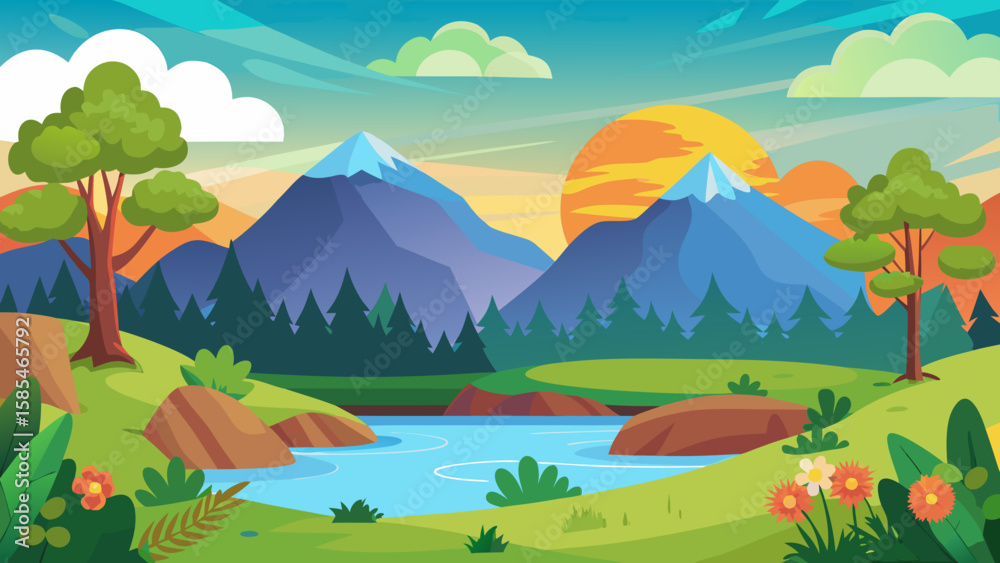Fototapeta premium Vector art of a picturesque cartoon landscape at sunset showcases a calm river flowing between hills and mountains, bathed in the warm glow of the setting sun