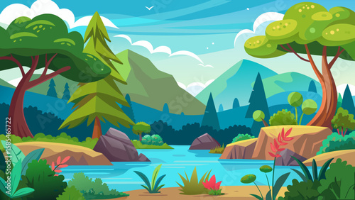 Vector art of a vibrant cartoon landscape depicts a serene river flowing through lush green hills and majestic mountains under a bright blue sky with fluffy clouds