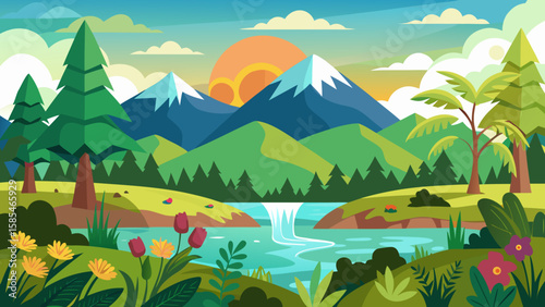 Vector art of a majestic cartoon landscape showcases snowcapped mountains, a cascading waterfall into a river, lush trees, and vibrant flowers under a dramatic sunset sky