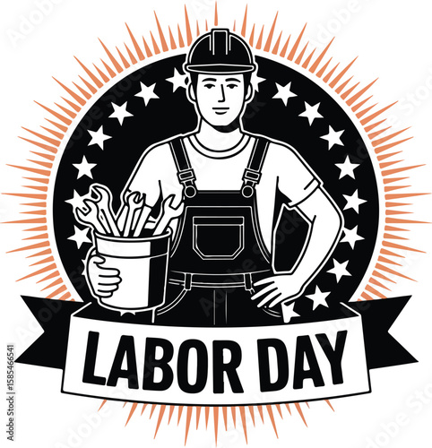 Labor Day Worker Illustration Hard Hat, Tools, Stars Emblem Design
