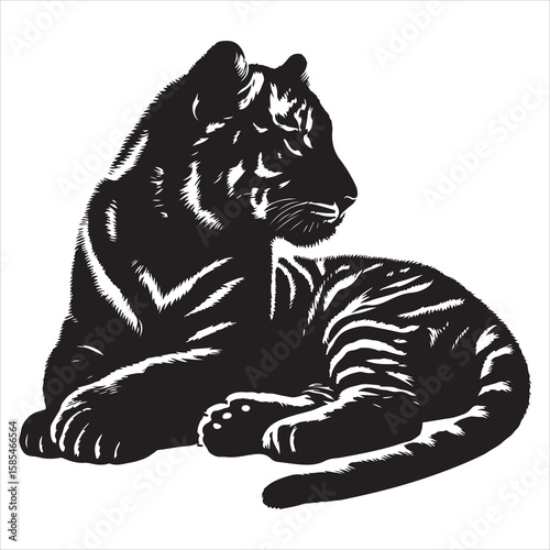 siting tiger face Silhouette Vector Art, and Graphic, vector black color silhouette , solated white background