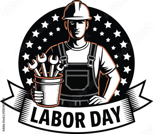 Labor Day Worker Illustration Hard Hat, Tools, Stars Emblem Design