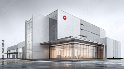 Modern hospital building with glass entrance and red cross symbol on a cloudy day with wet pavement