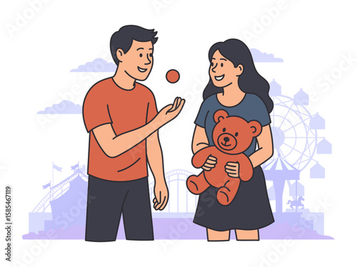 Vector of a teenager couple standing playfully while having fun at a carnival