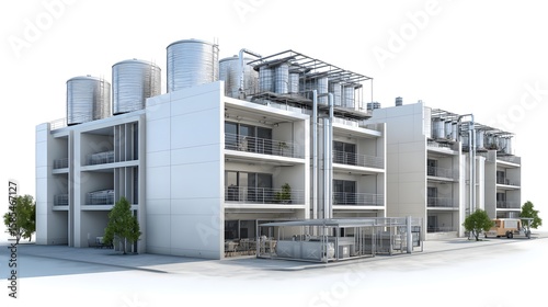 Modern white apartment building with multiple balconies and large metal water tanks on the rooftop