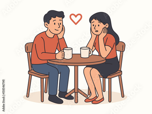 Illustration of Two people sitting in a cafe with hot drinks, smiling face, first date nervousness, love relationship
