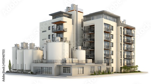Modern industrial building with large storage tanks and contemporary residential apartments featuring balconies and large windows