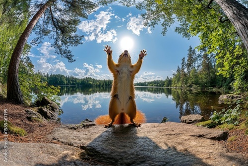 A humorous red squirrel stands in the forest as if it's the Master of the Universe